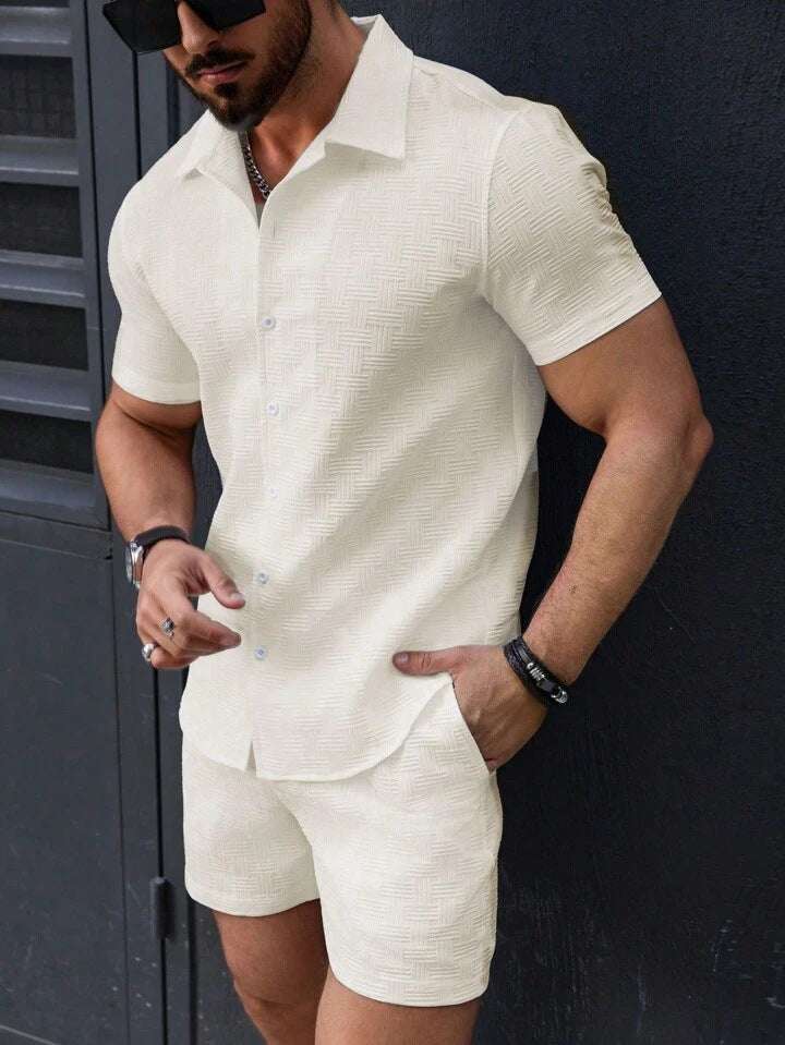 Leisure Breathable Beach Two Piece Suits Mens Summer Casual Short Sleeve Shirt And Shorts Men Outfits Vintage Textured Solid Set