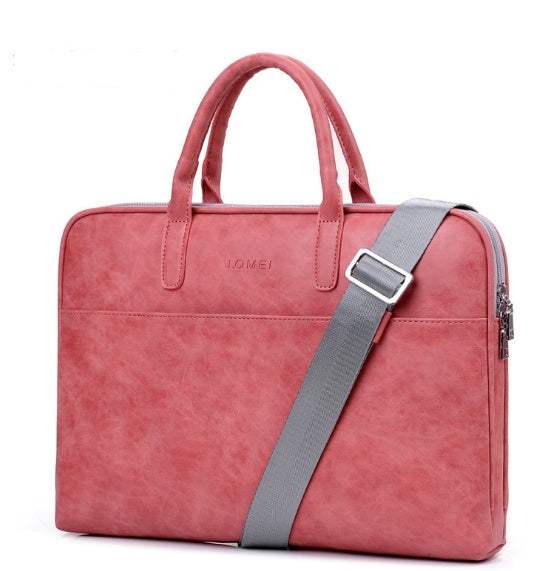 Faux leather laptop bag for women in pink with dual handles and adjustable strap.
