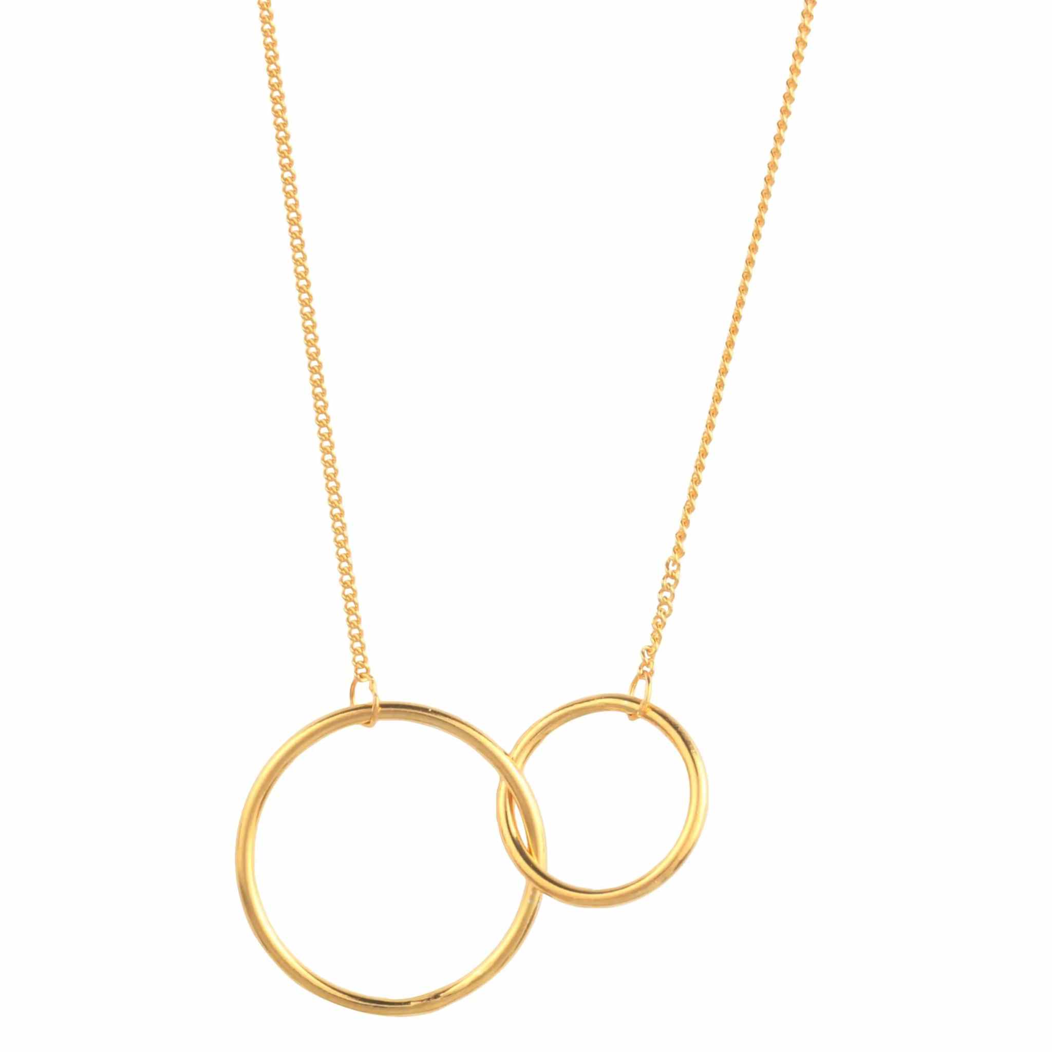 14K gold plated interlocking pendant necklace featuring two circles on a delicate chain.