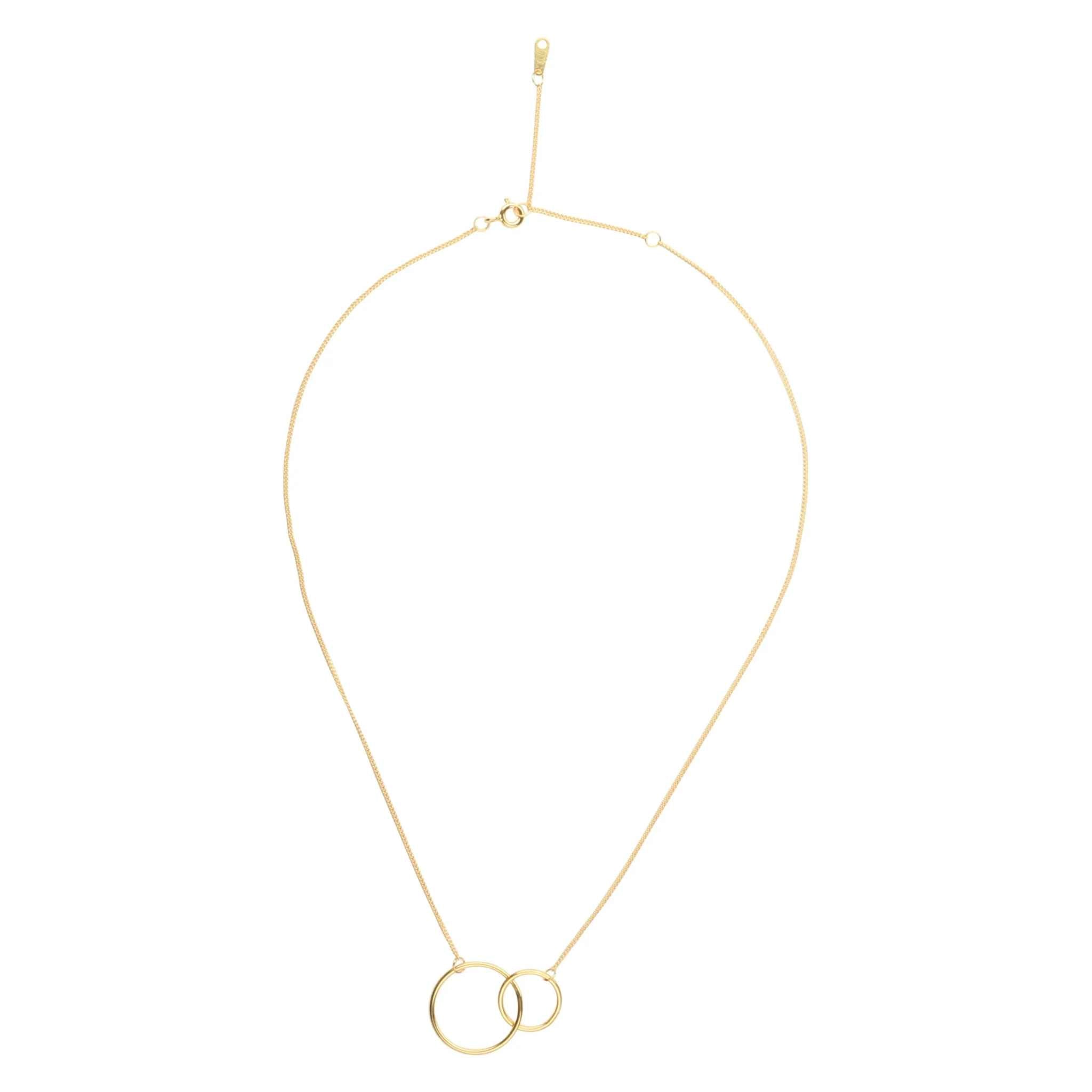 14K gold plated interlocking pendant necklace with two circles on a delicate link chain.