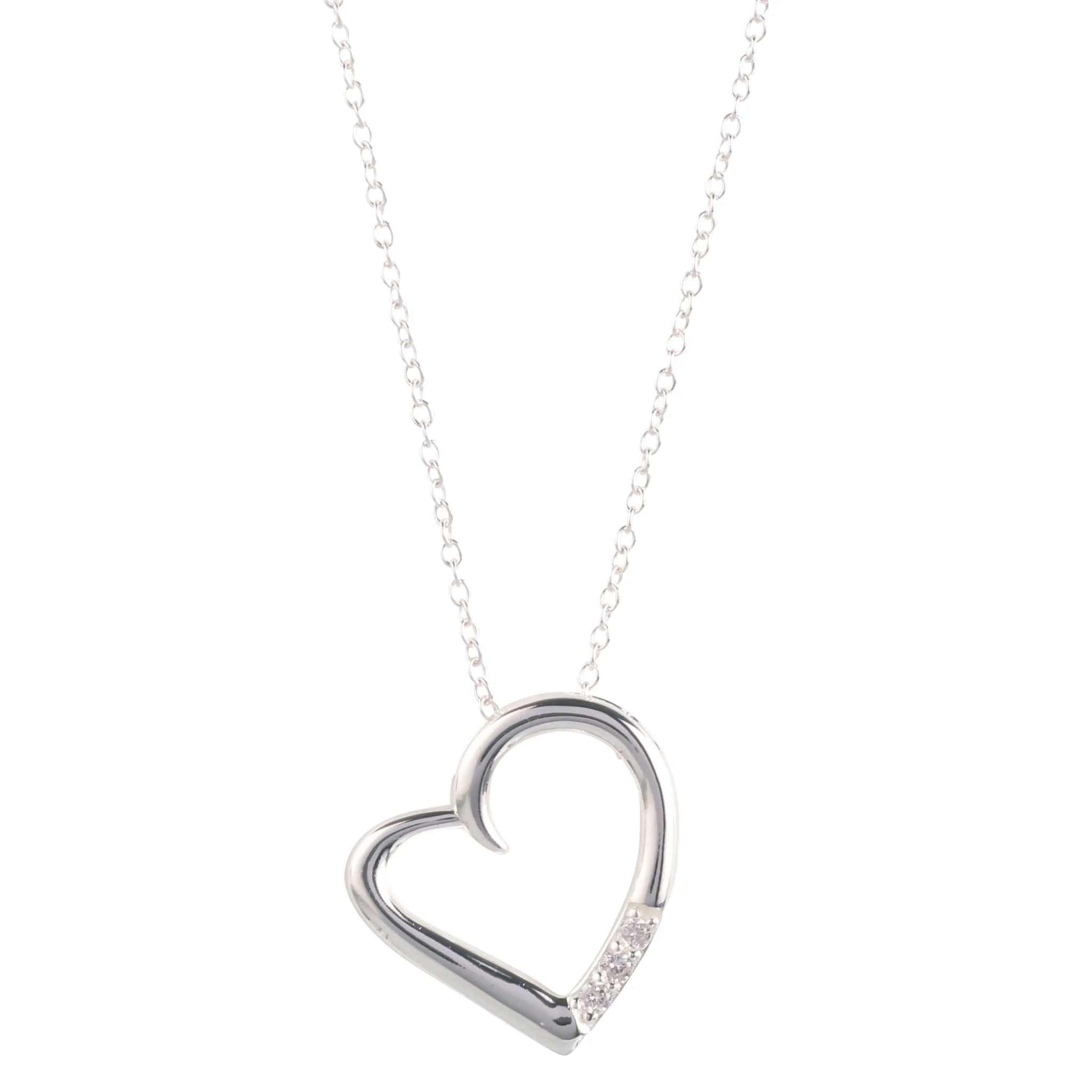 14K silver plated love heart pendant necklace with cubic zirconia, elegant design on an 18-inch chain.