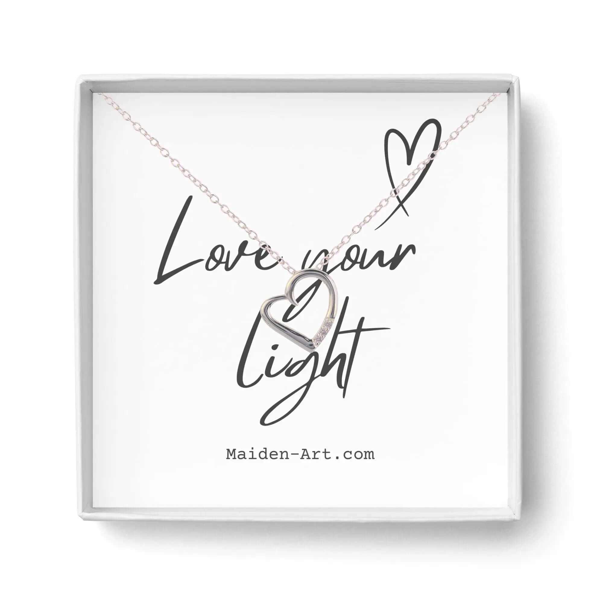 14K silver plated heart pendant necklace in gift box with 'Love your light' message.