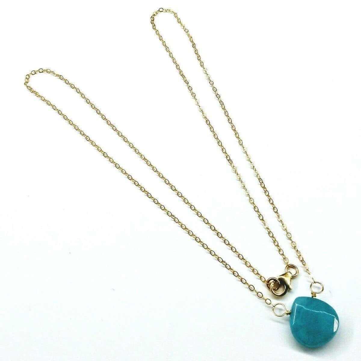 14Kt handcrafted gold necklace featuring aqua jade gemstone drop on a delicate cable chain, 18 inches long.