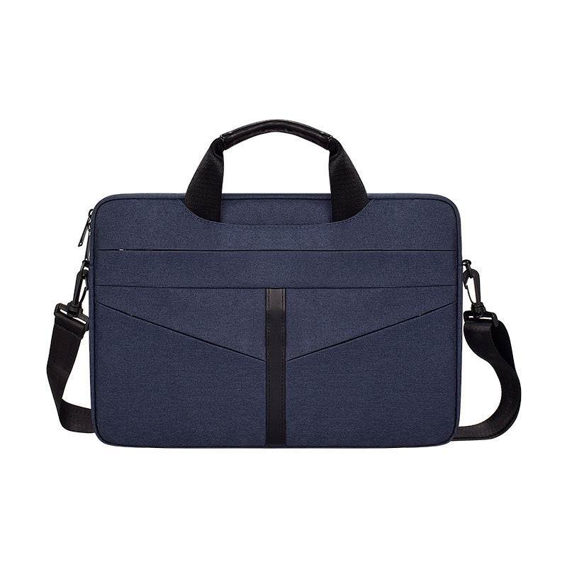 waterproof shoulder computer bag in navy blue, featuring shoulder strap and dual top handles for easy carrying.