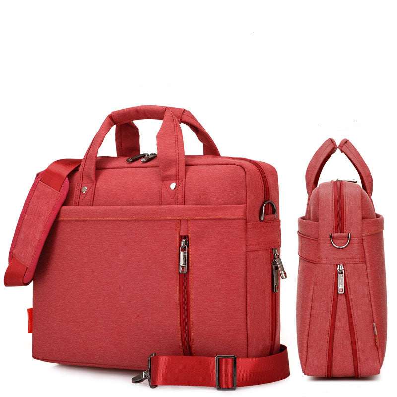 Waterproof Oxford cloth laptop bag in red with detachable shoulder strap and multiple compartments.