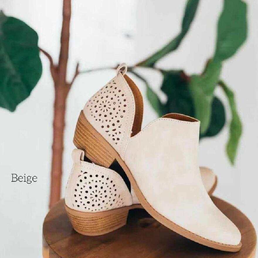 Women Shoes Retro Mesh Ankle Square Heels Boots Female Slip On Mid Heels Casual Botas