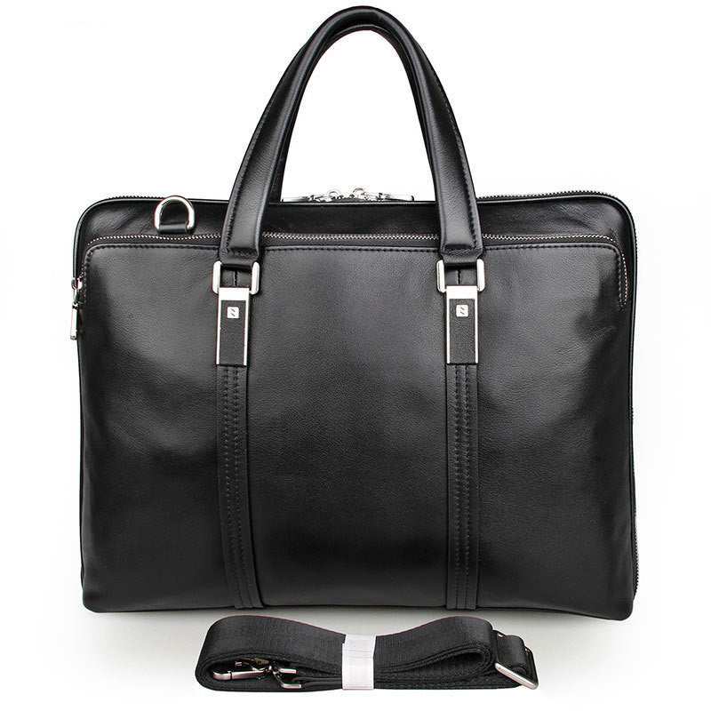 leather business briefcase in black with top handles and detachable strap