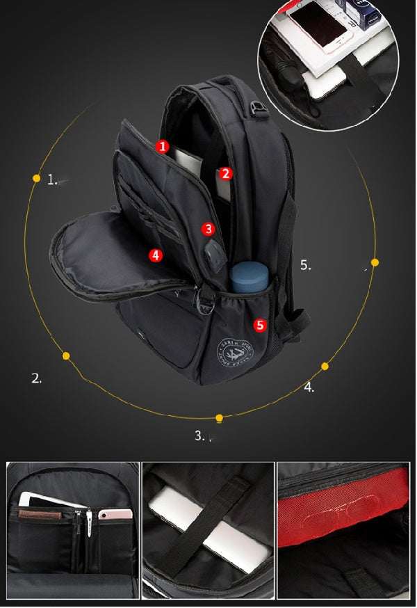 Backpack Usb Men's Backpack Women Outdoor Travel Bag Business Computer Bag showing internal structure and compartments.