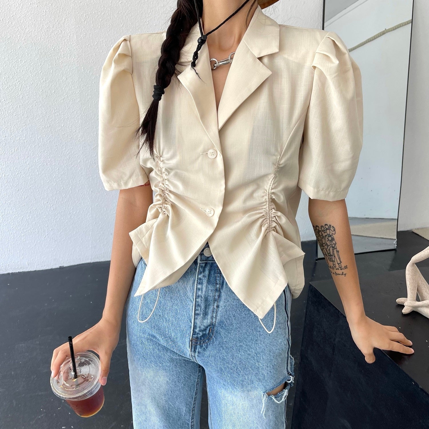 French V-Drawstring Folded Waist Blouse Women's Suit Collar Top Bubble Short Sleeve