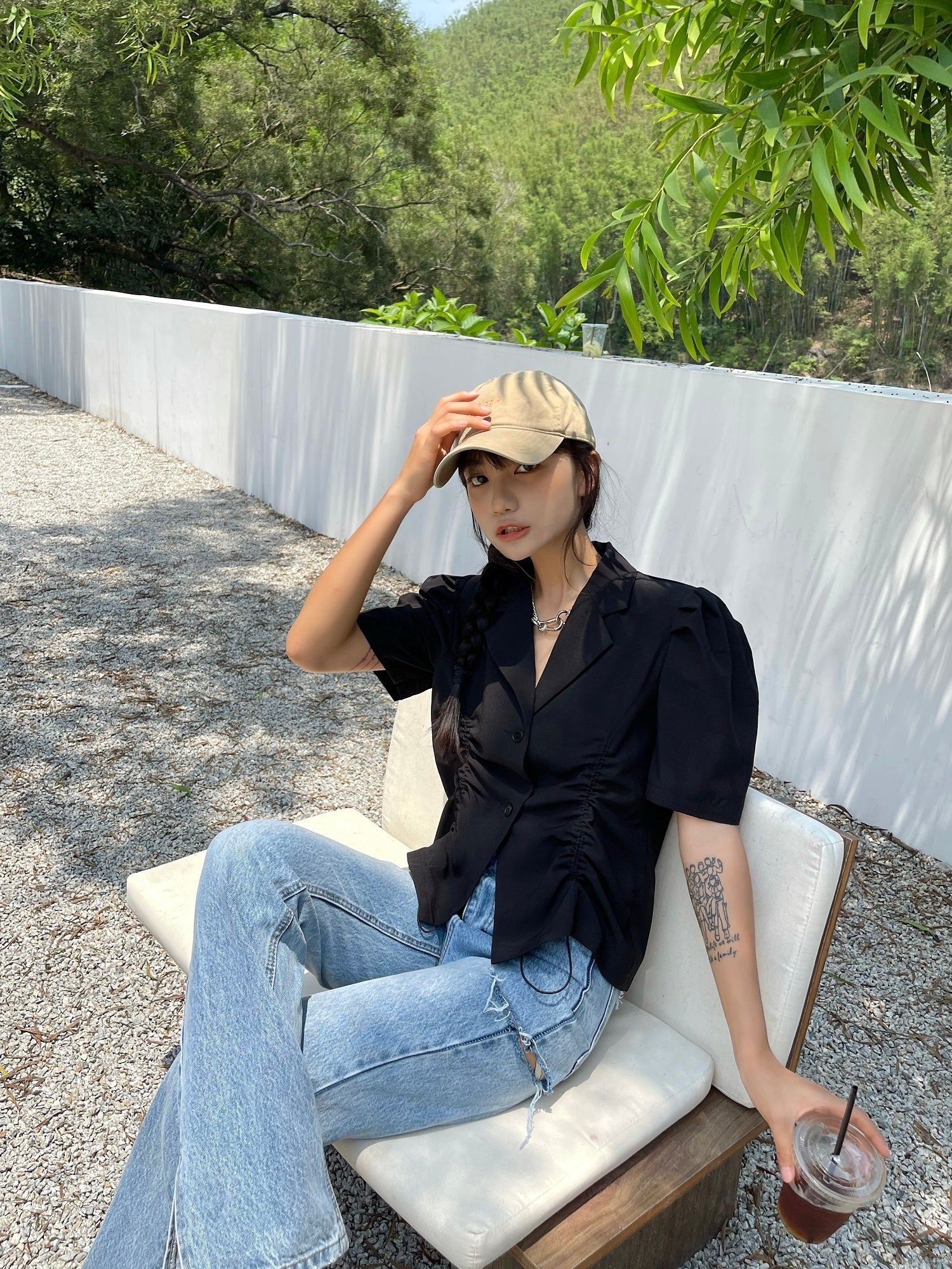 French V-Drawstring Folded Waist Blouse Women's Suit Collar Top Bubble Short Sleeve