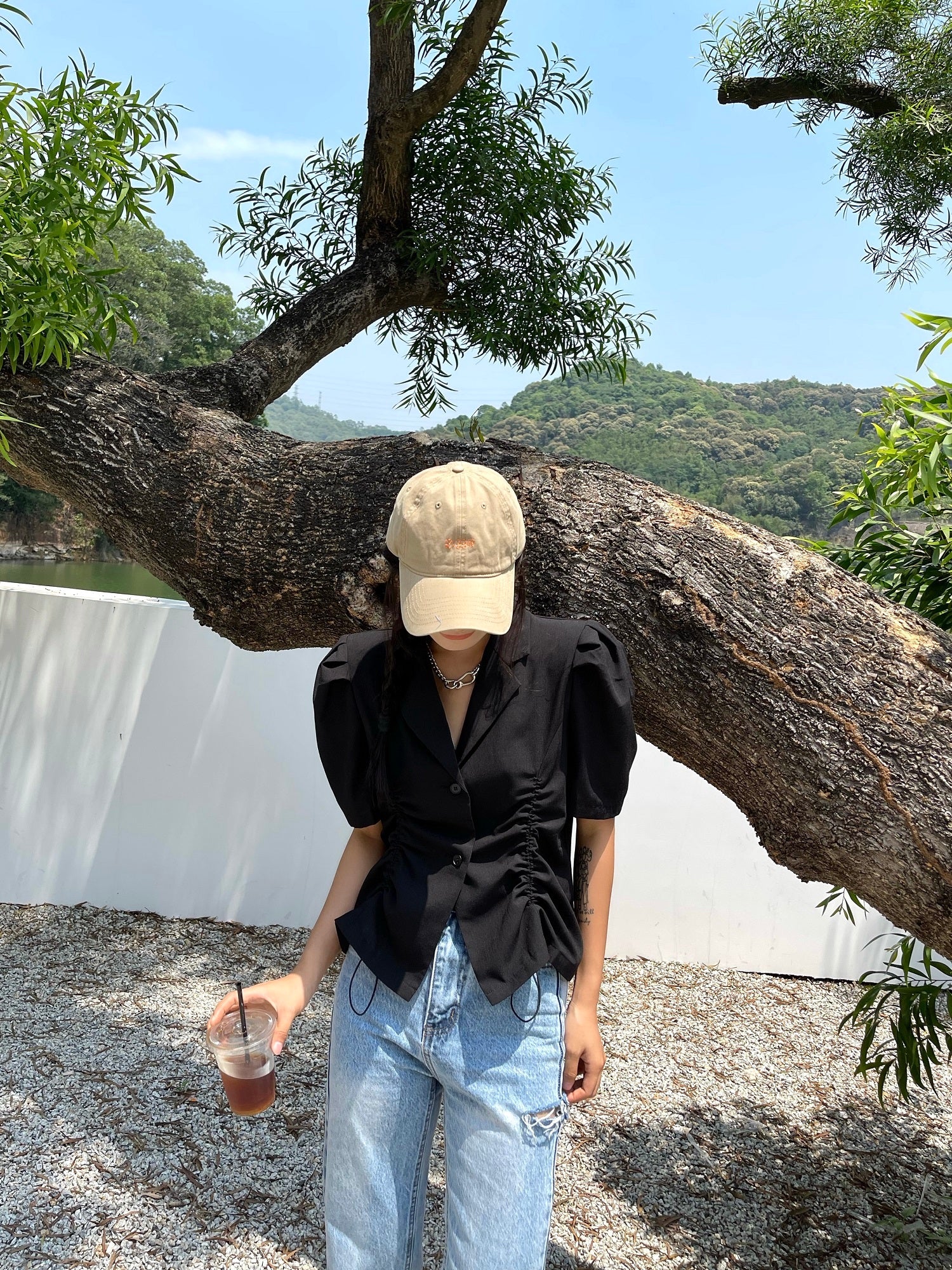 French V-Drawstring Folded Waist Blouse Women's Suit Collar Top Bubble Short Sleeve