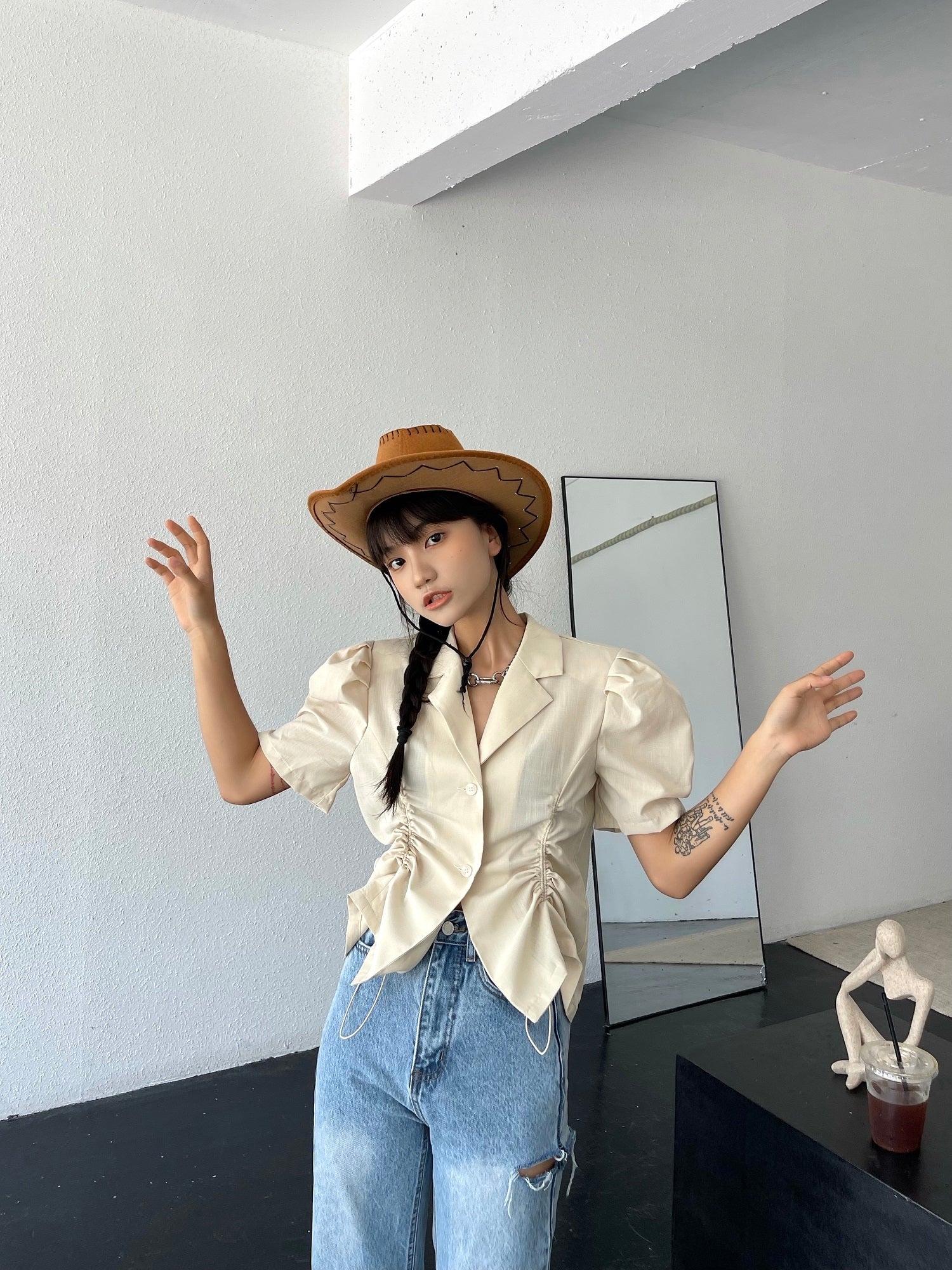 French V-Drawstring Folded Waist Blouse Women's Suit Collar Top Bubble Short Sleeve