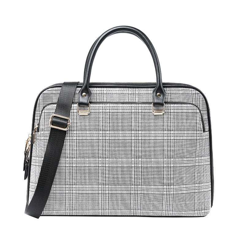 lady business laptop bag in stylish plaid design with black strap and handles