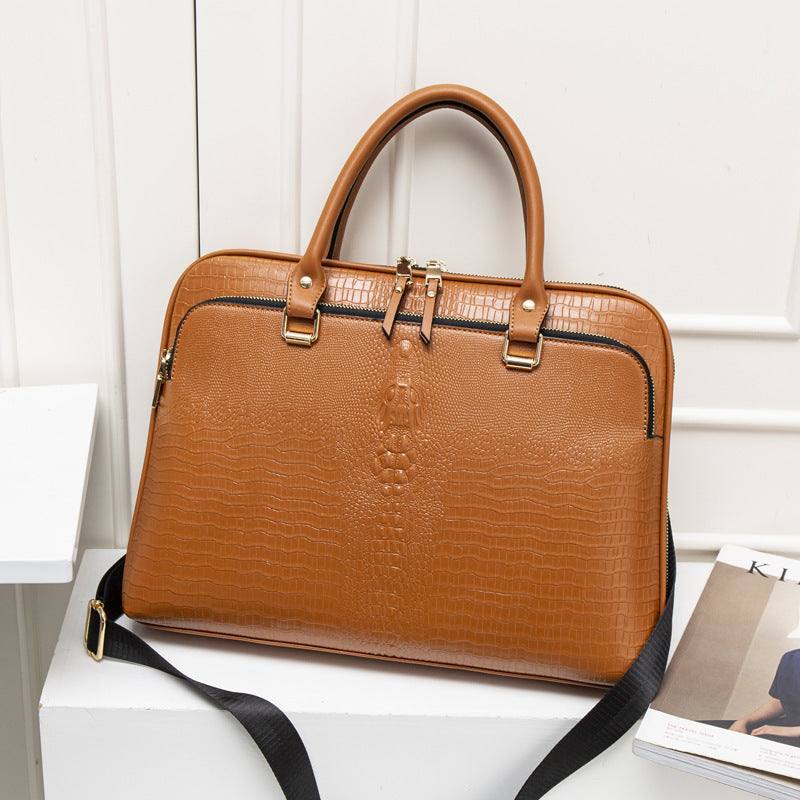 lady business laptop bag in caramel synthetic leather with zipper and handles