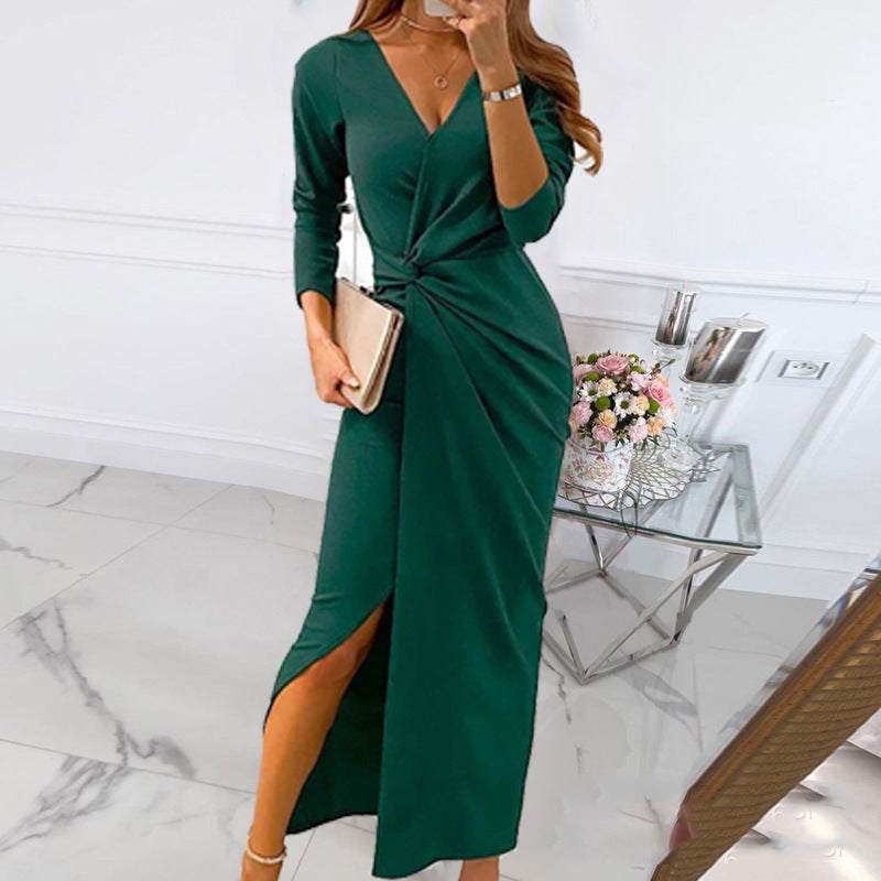 V Neck Long Sleeved Split Dress Evening Gift