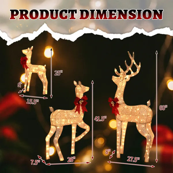 3-Piece Lighted Christmas Reindeer Family Set Outdoor Decorations, Weather Proof Sparkling Deer Family Set Of 3 Christmas Ornament Home Decor Pre-lit 290 LED Warm White Lights, 5FT, Golden