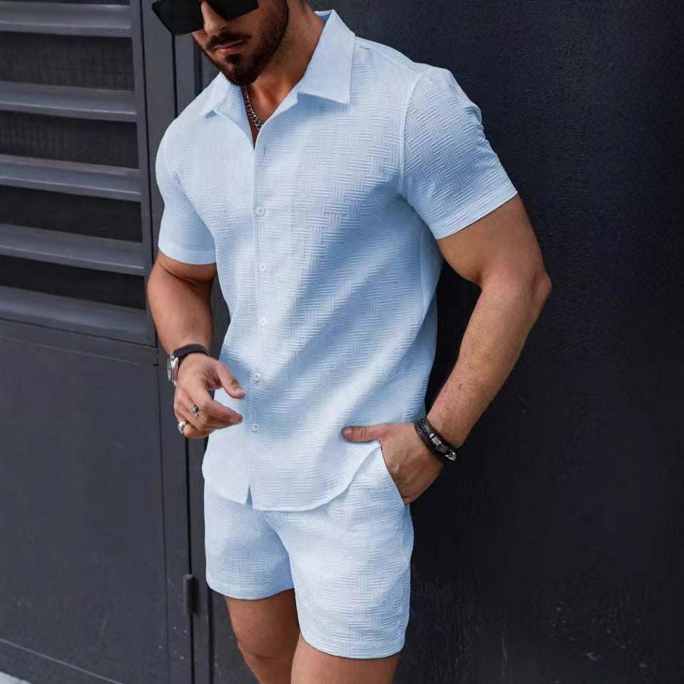 Leisure Breathable Beach Two Piece Suits Mens Summer Casual Short Sleeve Shirt And Shorts Men Outfits Vintage Textured Solid Set
