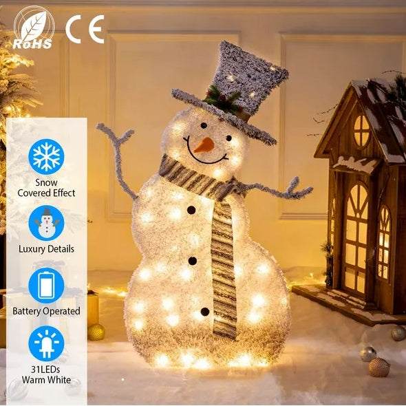 collapsible LED Christmas snowman decoration with soft warm white lights and snow-covered effect