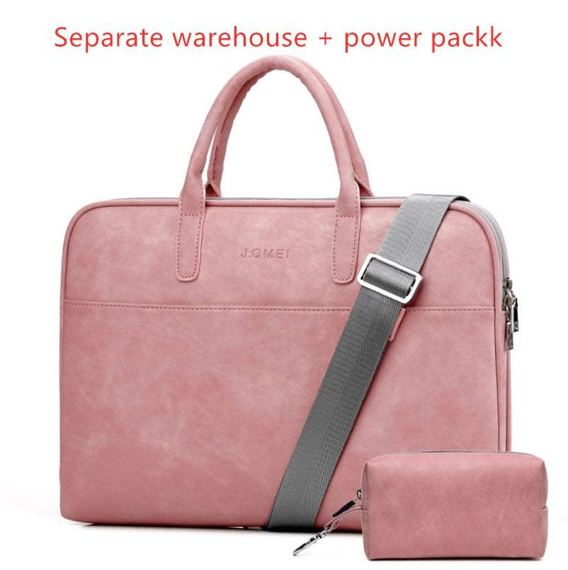 Faux leather laptop bag for women in pink with detachable shoulder strap and matching pouch.