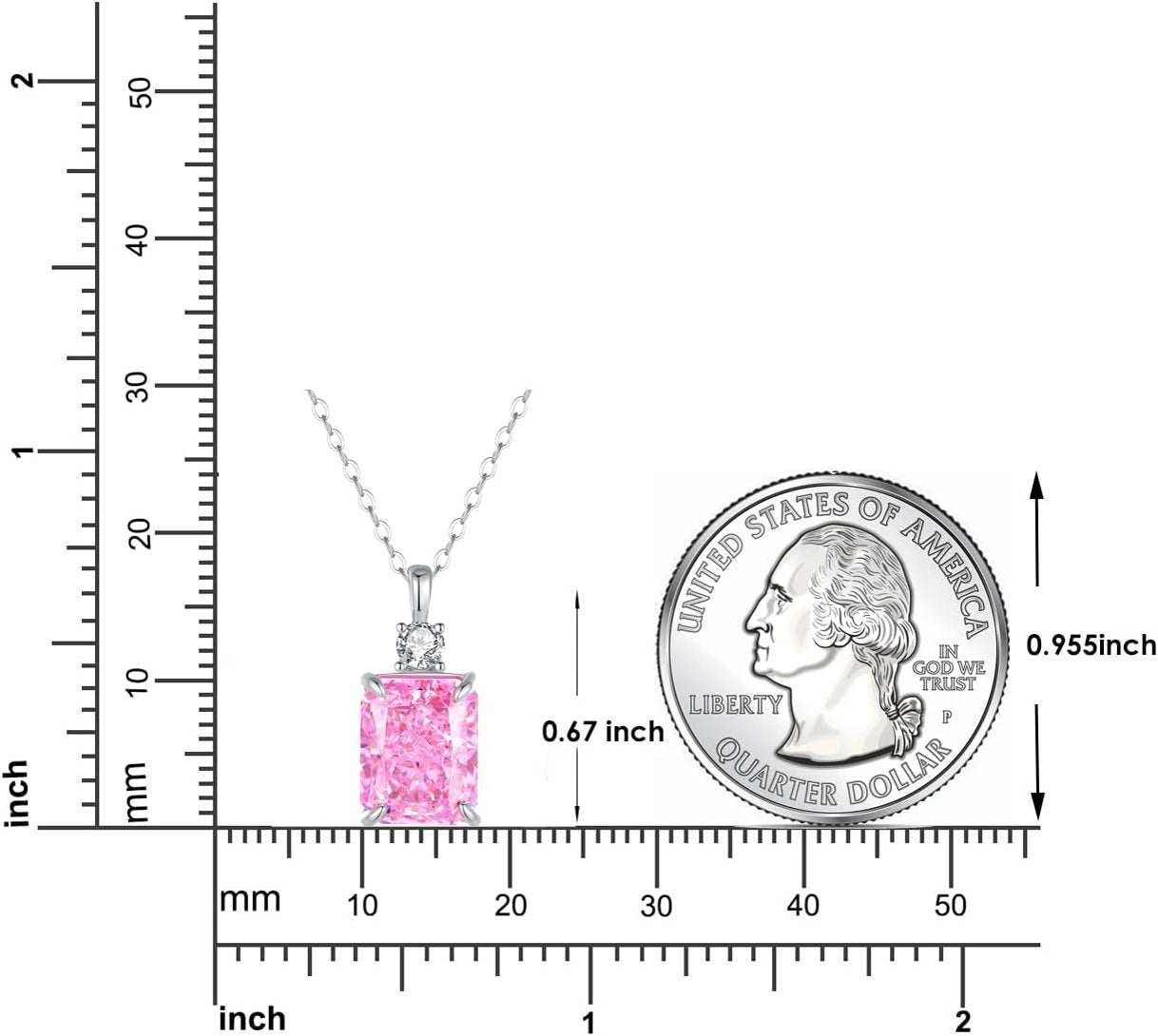 18K gold plated diamond necklace with pink gemstone and sterling silver chain, shown with a quarter for size comparison.