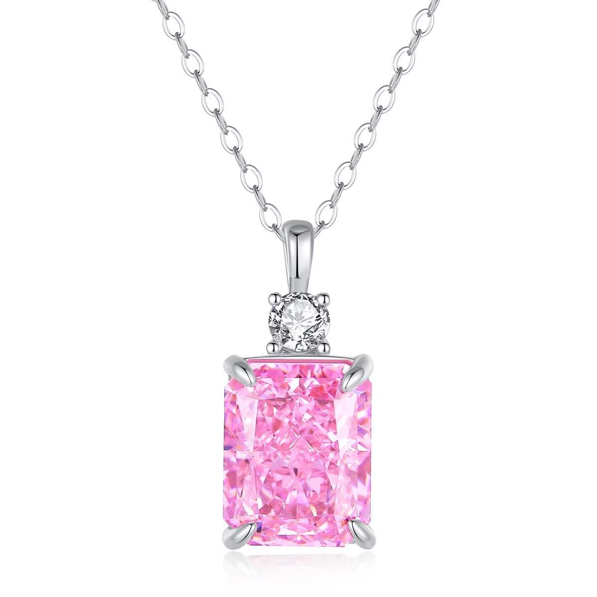 18K gold plated diamond necklace featuring an elegant pink stone and lab-imitation white diamonds on a sterling silver chain.