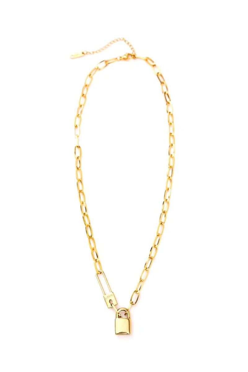 18K stainless steel lock and clip chain necklace with lobster clasp and extender, waterproof and tarnish resistant.