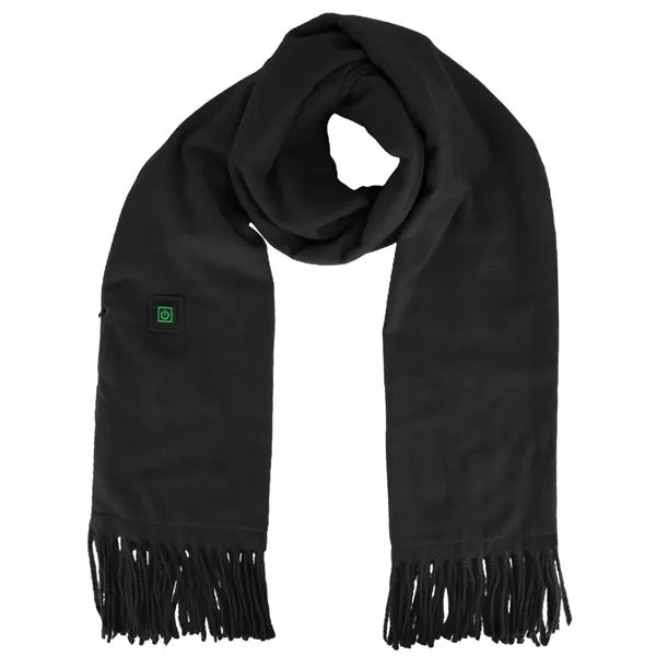 Electric heated winter scarf in black color with fringes, perfect for outdoor activities and keeping warm in cold weather.