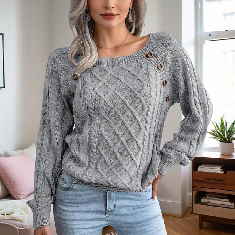 Women's cozy square neck knit top in textured ribbed pattern with button detail, perfect for fall and winter.