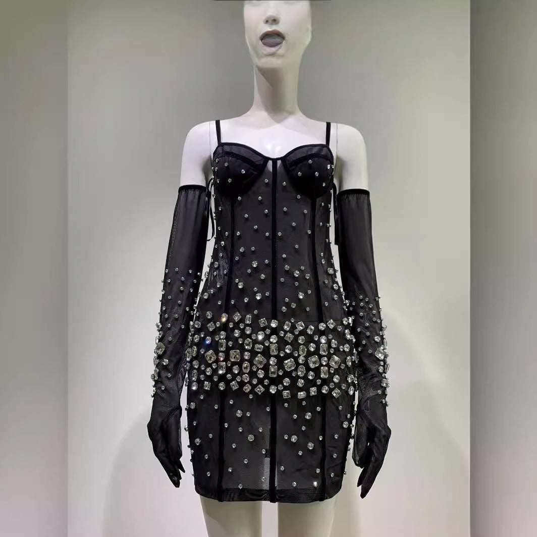Rhinestone Fashionable Gloves Sexy Black Mesh Suspenders Dress