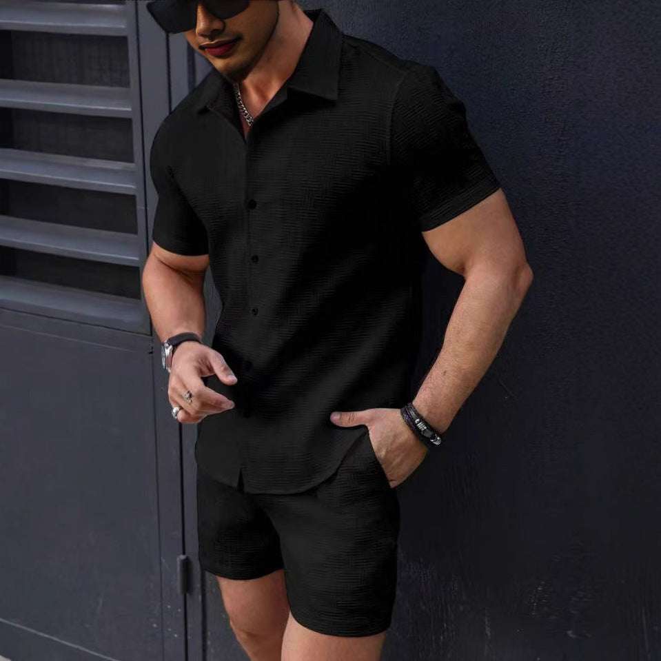 Leisure Breathable Beach Two Piece Suits Mens Summer Casual Short Sleeve Shirt And Shorts Men Outfits Vintage Textured Solid Set