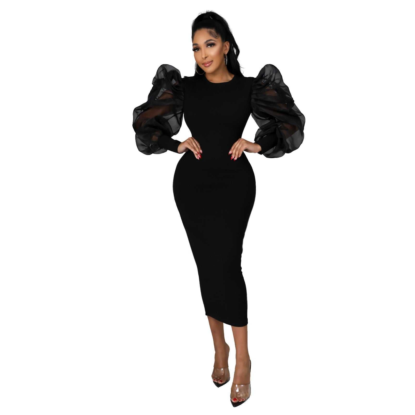 Mesh Puff Sleeve Elegant Slim Fit Dress