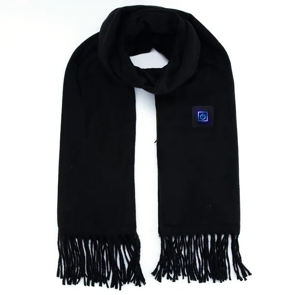 Electric heated winter scarf with power button detail, designed for warmth and comfort in cold weather.
