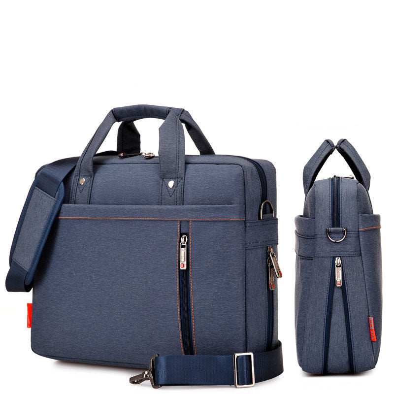 Waterproof Oxford cloth laptop bag with multiple compartments and adjustable shoulder strap in navy blue.