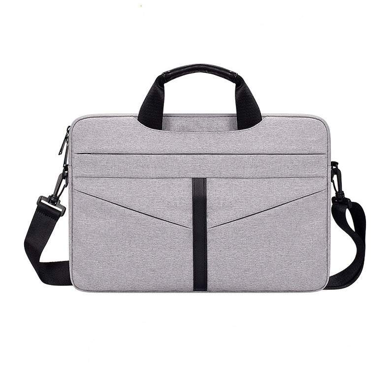 Waterproof shoulder computer bag made of oxford cloth with adjustable strap and multiple pockets.
