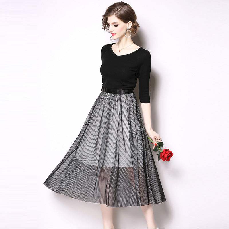 Women's Fashion Round Neck 34 Sleeves Patchwork Stripes Voile Dress