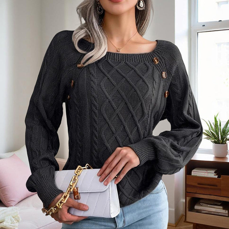 Women's cozy square neck knit top in dark gray with button details and textured ribbed pattern, perfect for fall and winter.