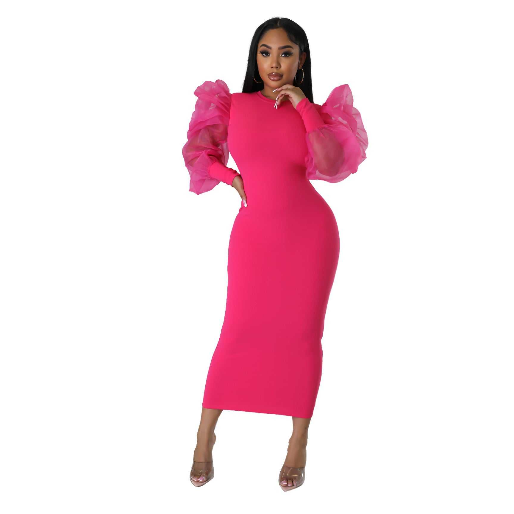 Mesh Puff Sleeve Elegant Slim Fit Dress