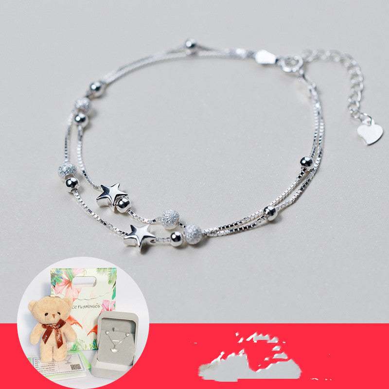 Elegant silver sweater chain bracelet with star and bead charms, perfect birthday gift for girls in luxury gift box including teddy bear and jewelry case