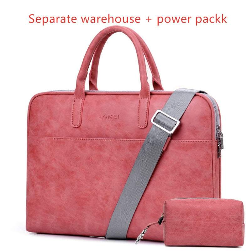 Faux leather laptop bag for women in pink with detachable shoulder strap and small accessory pouch.