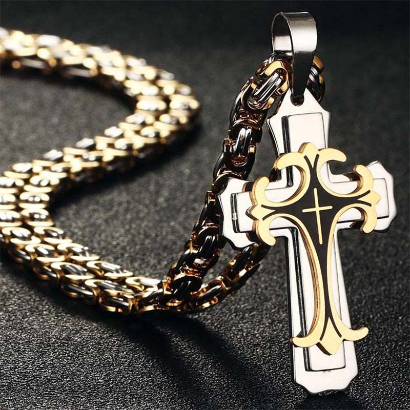 Fashion Jewelry Christian Trinity Latin Cross Necklace For Men Stainless Steel Three Layers Cross Pendants Necklaces Jewelry Gift