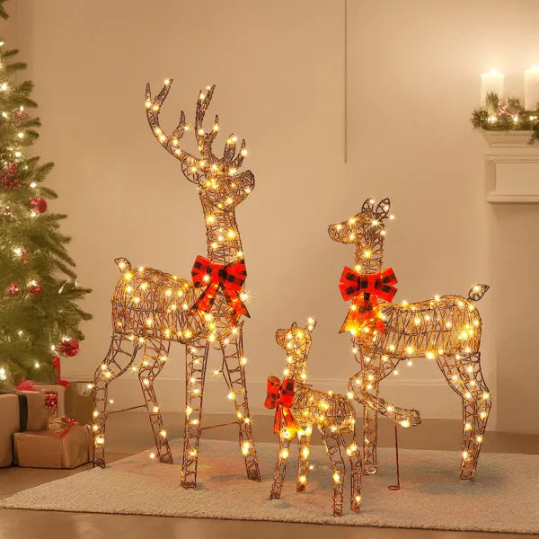3-Piece Lighted Christmas Reindeer Family Set Outdoor Decorations, Weather Proof Rattan Deer Family Set Of 3 Christmas Ornament Home Decor Pre-lit 290 LED Warm White Lights, 5FT, Brown