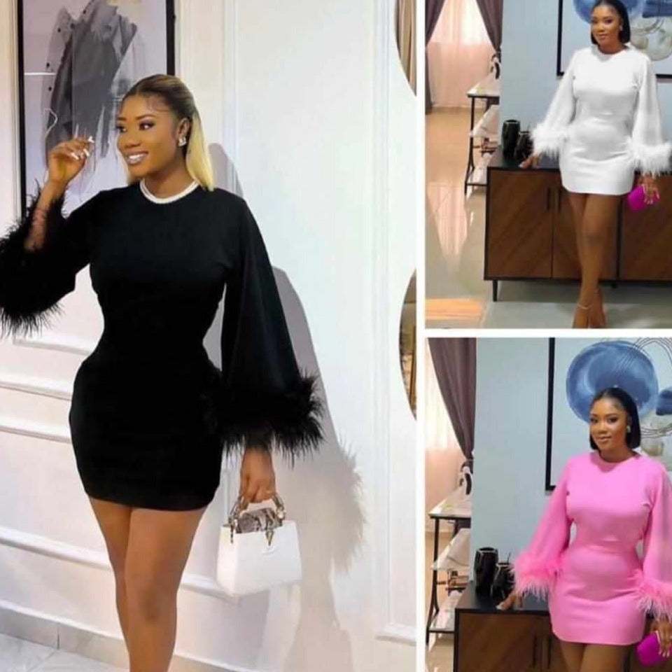 Autumn Elegant Square Collar Ostrich Feather Long Sleeve Socialite Lightly Mature Dress