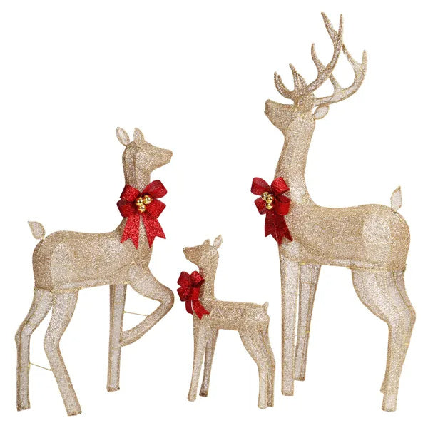 3-Piece Lighted Christmas Reindeer Family Set Outdoor Decorations, Weather Proof Sparkling Deer Family Set Of 3 Christmas Ornament Home Decor Pre-lit 290 LED Warm White Lights, 5FT, Golden