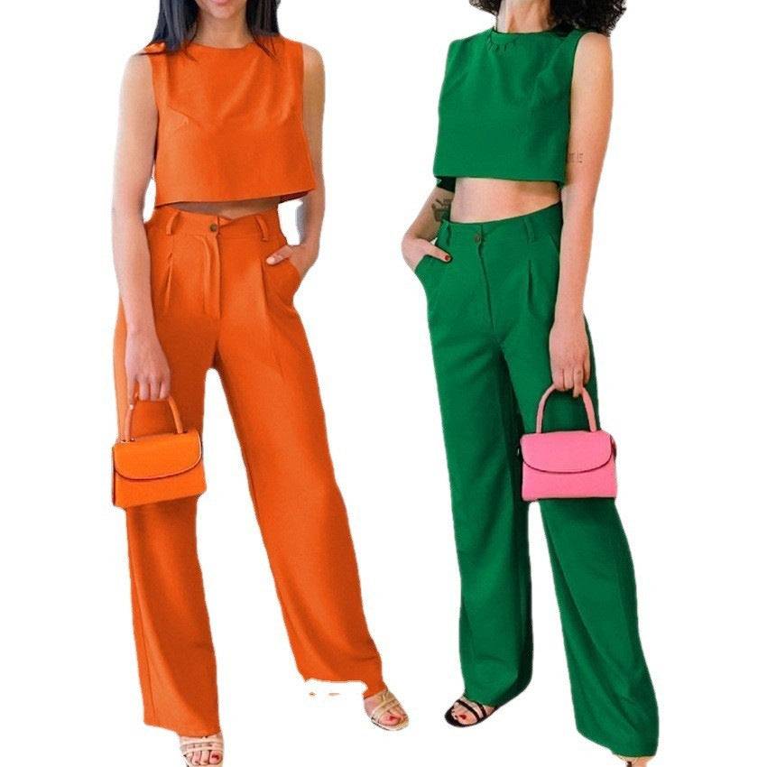 Solid Color Round Neck Sleeveless Vest Top And Trousers