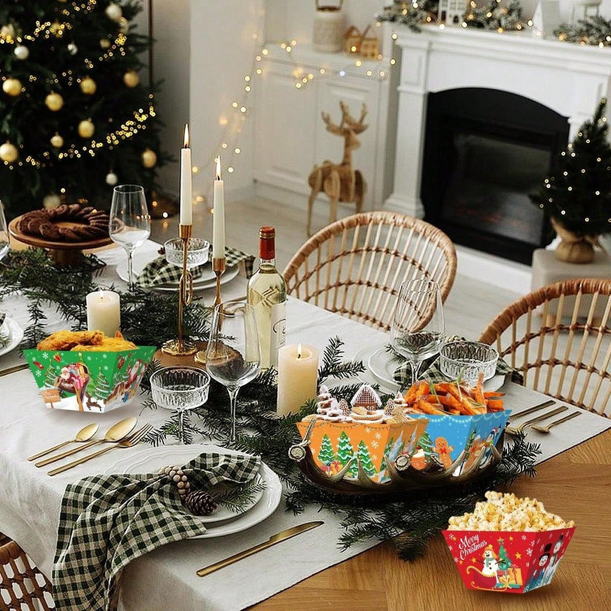 12 PCS Christmas Paper Food Tray Xmas Decorations Christmas Gingerbread Man Disposable Snack Popcorn Bowl Popcorn Containers Boxes For Winter Christmas Party Supplies