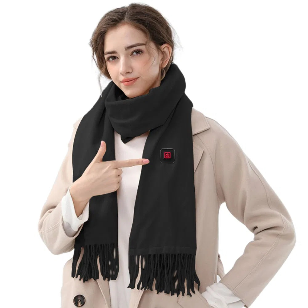 Woman wearing a heated winter scarf with a stylish design, showcasing the product features and USB heating options.
