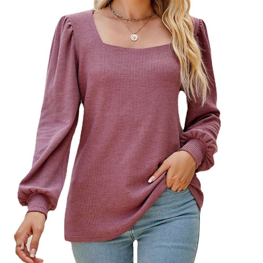 Women's U-neck Pleated Puff Sleeve Top Loose Casual Solid Color T-shirt