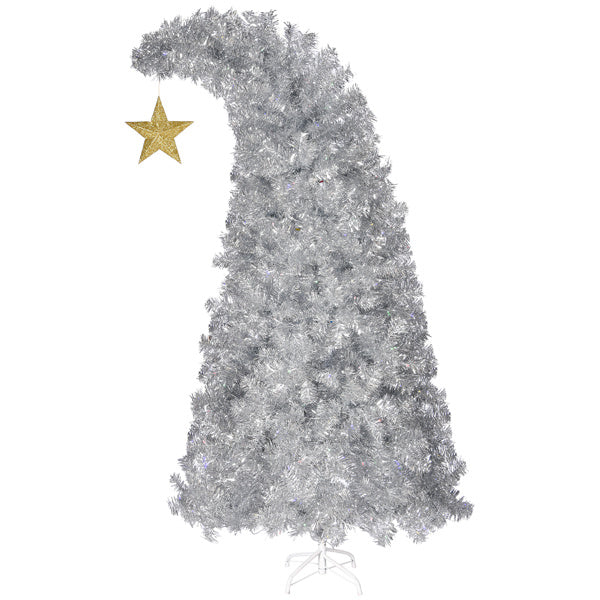 6 FT Bent Top Pre-lit Christmas Tree With Golden Star, Hinged Artificial Xmas Tree With 300 Lights, 900 Branch Tips For Holiday Party Store Office Home, Silver