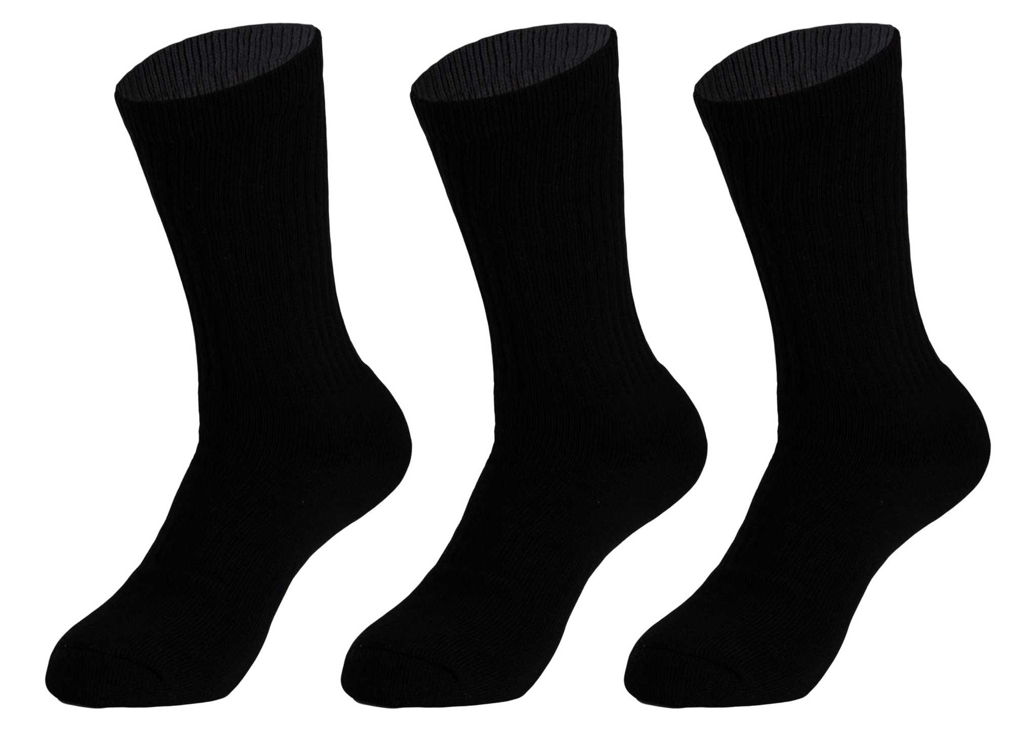 Three pairs of black cotton crew socks for women, breathable, cushioned, seamless toe, size 9-11, ideal for sports and everyday wear