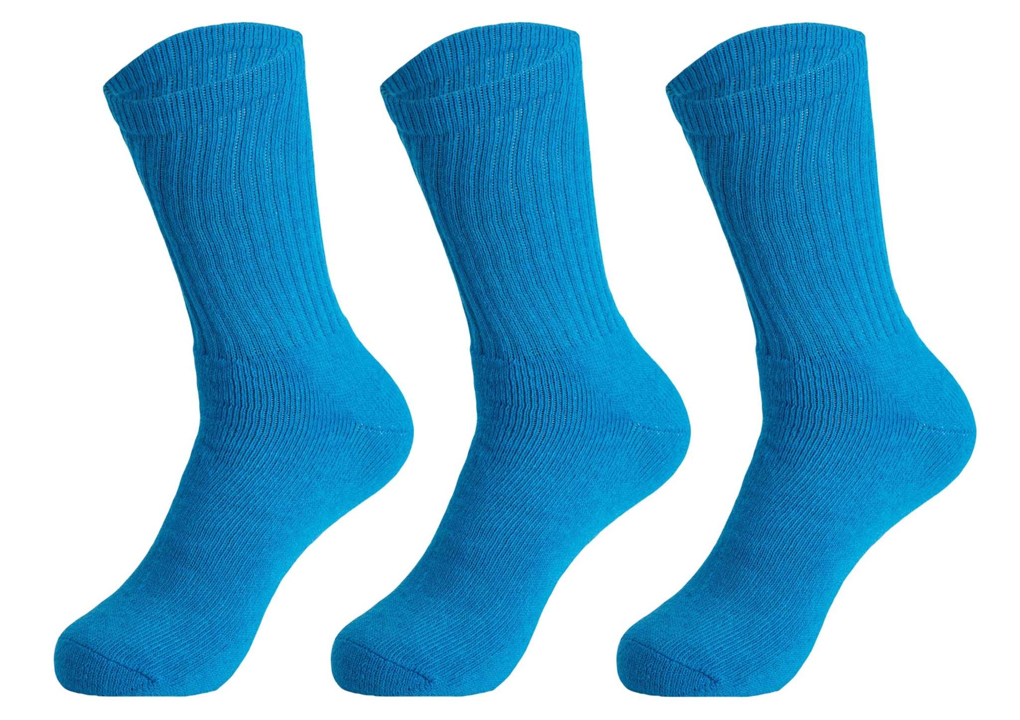 Three pairs of blue cotton crew socks for women, breathable, cushioned, and seamless for all-day comfort and sports use.